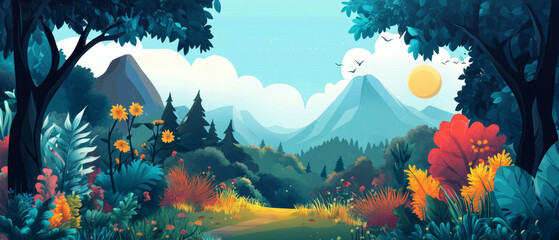 Serene Mountain Path: A picturesque digital illustration depicting a vibrant forest path leading towards majestic mountains, bathed in the warm glow of a setting sun. The scene evokes tranquility and 