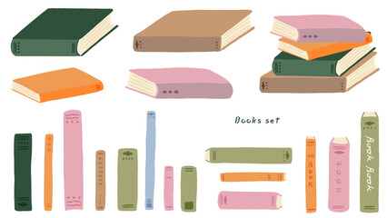 Set of books, closed books and stacked books, cute hand drawn illustration / 本のセット、閉じた本や積み重なった本、かわいい手描きのイラスト