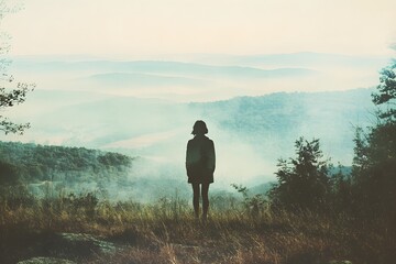 mountain range, expansive view, peace, natural beauty, reflection, close up, focus on, copy space, cool tones, dramatic lighting, Double exposure silhouette with a person gazing