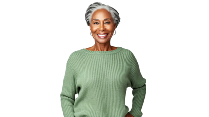Portrait of an attractive African American mature woman wearing knitted sweater on transparent background PNG.
