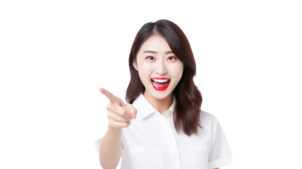 Pointing finger of an asian girl on transparent background PNG.