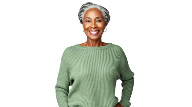 Portrait of an attractive African American mature woman wearing knitted sweater on transparent background PNG.
 - Powered by Adobe