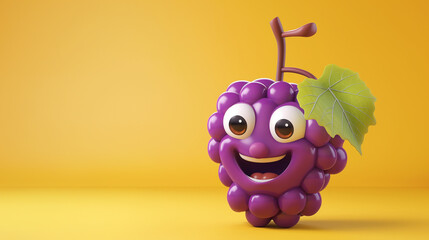 Cute grape with face 3d cartoon character, isolated on yellow background