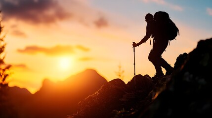 mountain trail, steep path, adventure, challenge, determination, close up, focus on, copy space, earthy tones, rugged textures, Double exposure silhouette with a hiker climbing