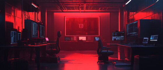 Red Room Gaming HQ: A futuristic and sleek gaming headquarters bathed in red light, showcasing a powerful and immersive gaming experience. The room features multiple high-end computers and monitors, a
