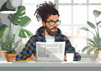 Naklejka premium Young Man with Glasses Applying for Online Loan on Laptop at Home Office, Minimalistic Vector Illustration, Modern Workspace with Plants, Financial Technology Concept