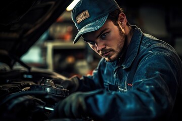 Fototapeta premium Mechanic Working on a Car Engine in a Garage