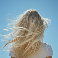 Blonde Hair Blowing in the Wind: A woman with long, flowing blonde hair stands with her back to the camera, the wind whipping her hair into a beautiful, carefree cascade against a clear blue sky. The 