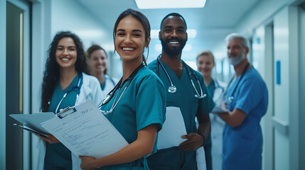 20240913112244list 1 A diverse team of healthcare workers in scrubs and lab coats standing in a brightly lit hospital corridor, smiling confidently with stethoscopes and charts in hand 