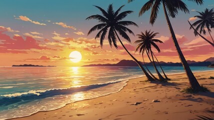Dawn’s Tranquil Tropics tropical sunset or sunrise with palm trees beach and wheater