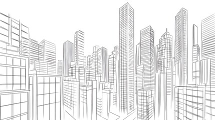 Minimalist Cityscape with Towering Skyscrapers in Line Drawing 