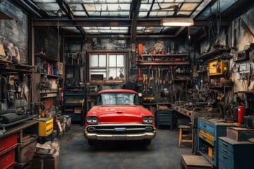 Fototapeta premium A Vintage Red Car Parked in a Cluttered Garage