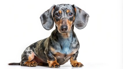 A Blue dapple dachshund basks in the spotlight, posing proudly in front of a clean white backdrop, showcasing