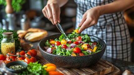 Food influencer preparing a vibrant salad in a rustic kitchen setting with warm lighting Focus on fresh ingredients and hands in action capturing the art of meal preparation Large space for text in