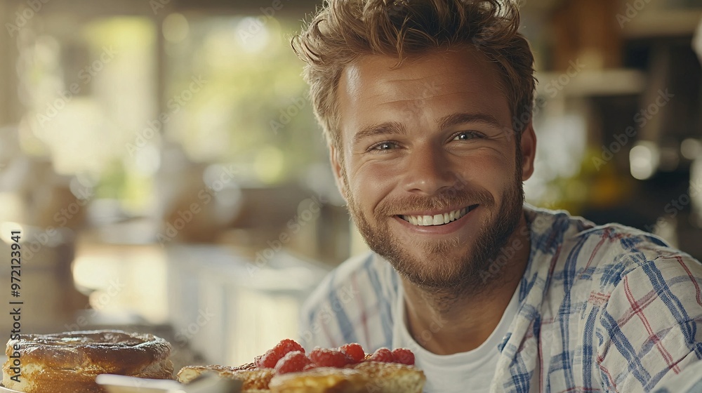 Aufkleber Tech-savvy influencer using a smart home device while preparing breakfast in a bright modern kitchen The integration of technology into everyday life is highlighted in a relatable way Large space for