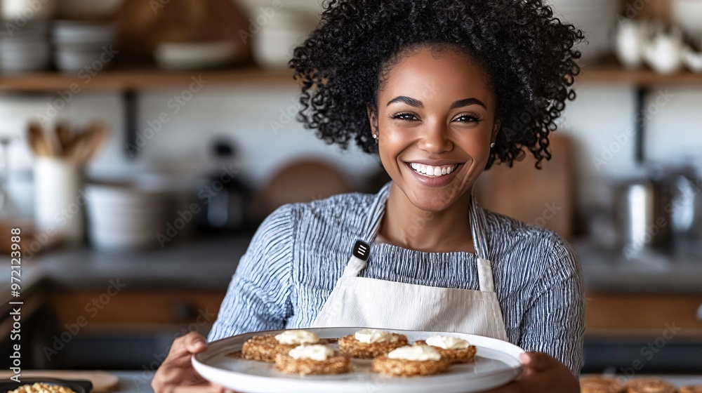 Poster Tech-savvy influencer using a smart home device while preparing breakfast in a bright modern kitchen The integration of technology into everyday life is highlighted in a relatable way Large space for