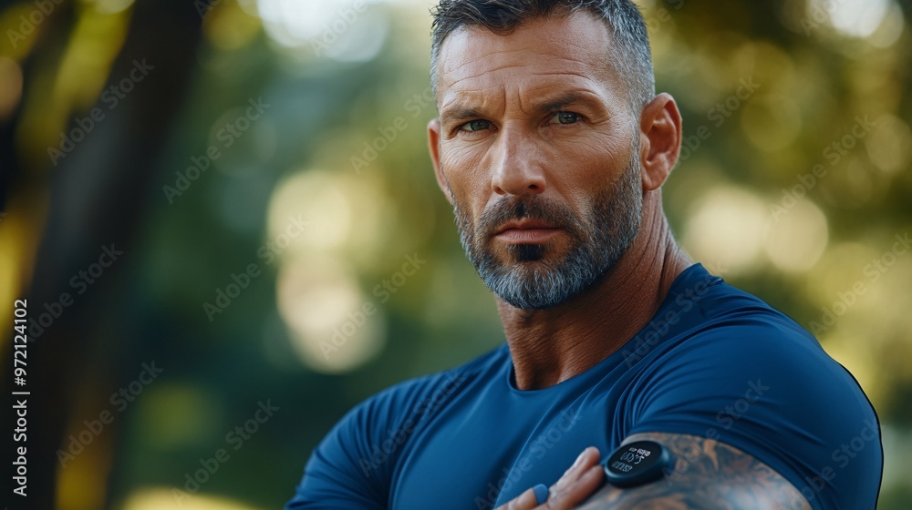 Poster Fitness influencer using a fitness tracker while exercising in a park setting The natural backdrop and bright lighting emphasize a healthy tech-enabled lifestyle Large space for text in center Stock