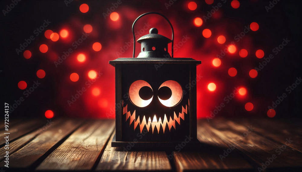 Wall mural Scary halloween lantern with evil eyes and face on a rustic wood table with a spooky dark red background with faint light bokeh