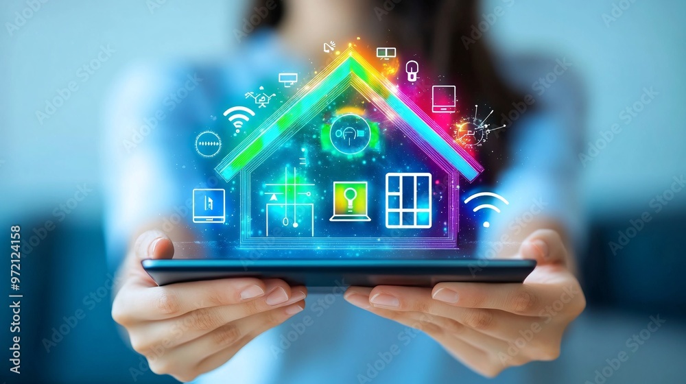 Poster Close-up of a tech influencer managing a smart home system from a tablet while relaxing on a modern couch Bright environment and clean lines focus attention on the simplicity of tech use Large space