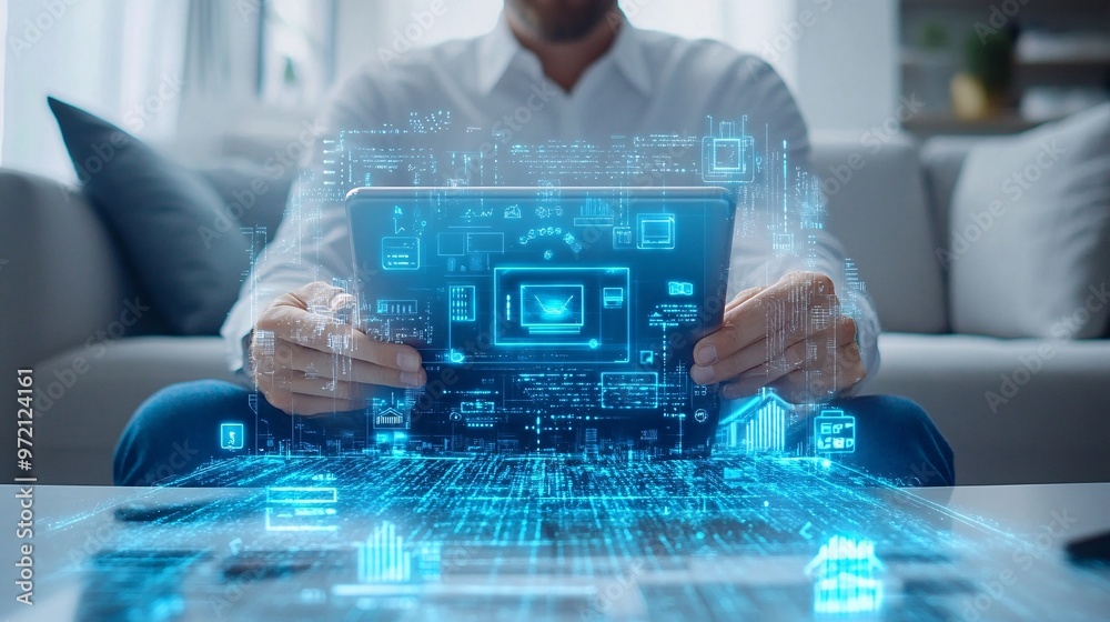 Poster Close-up of a tech influencer managing a smart home system from a tablet while relaxing on a modern couch Bright environment and clean lines focus attention on the simplicity of tech use Large space