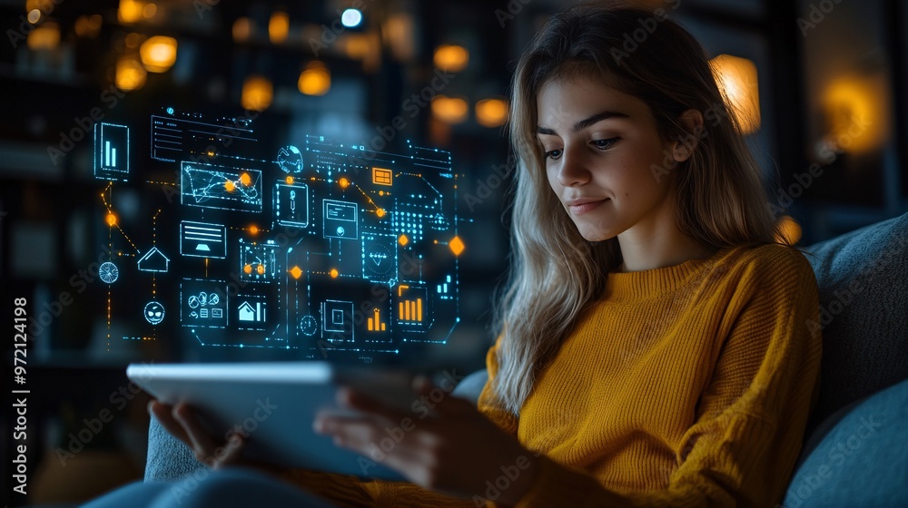 Poster Close-up of a tech influencer managing a smart home system from a tablet while relaxing on a modern couch Bright environment and clean lines focus attention on the simplicity of tech use Large space