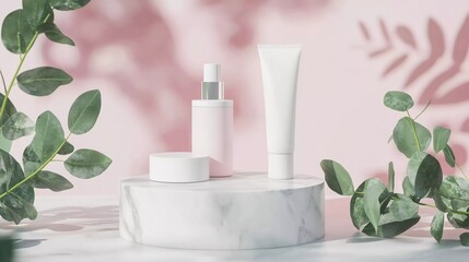 
White unbranded tubes with cosmetic products such as cream, lotion, balm, toothpaste or shampoo on white marble podium on pink pastel background with fresh green eucalyptus leaves.