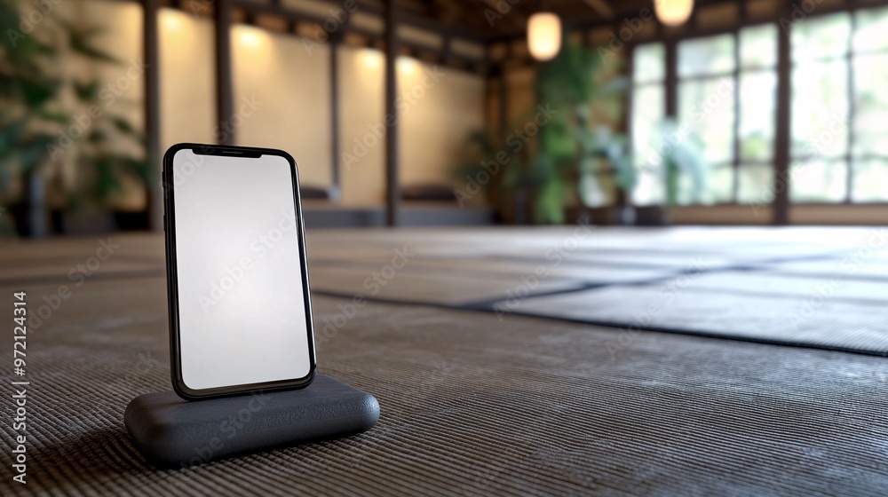 Aufkleber Influencer demonstrating a guided meditation app on a smartphone in a peaceful indoor setting A clean uncluttered background focuses attention on the use of wellness technology Large space for text