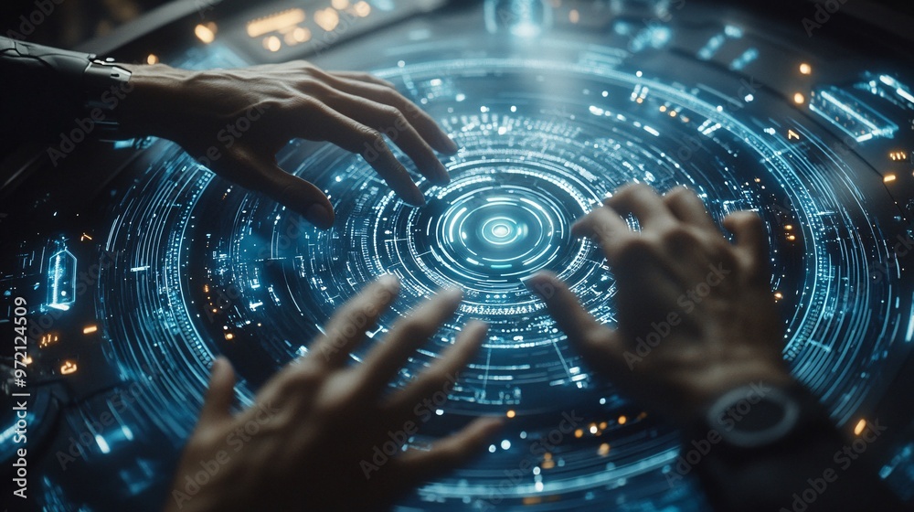 Aufkleber Tech influencer giving a detailed tutorial of a new gadget in a clean futuristic workspace Close-up of hands interacting with the device with a clear focus on its features Large space for text in