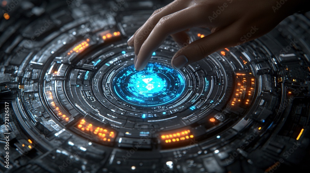 Aufkleber Tech influencer giving a detailed tutorial of a new gadget in a clean futuristic workspace Close-up of hands interacting with the device with a clear focus on its features Large space for text in