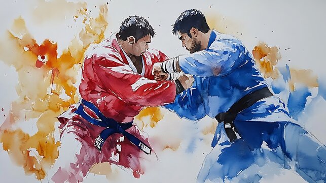 Powerful Watercolor of Sambo Athlete Grappling in Intense Competition 