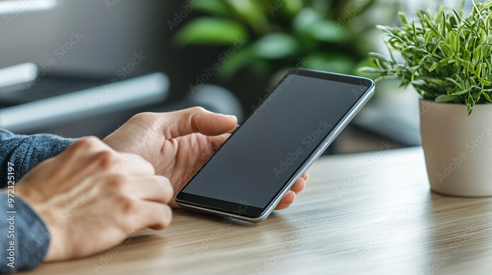 Poster Influencer reviewing a new smartphone in a clean tech workspace The device is front and center while hands demonstrate key features The background is modern with clean lines and no distractions Large