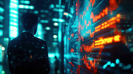 Fototapeta premium A businessman observing a digital financial display showing fluctuating stock market data in a futuristic city setting, symbolizing the volatile nature of global finance and investments.