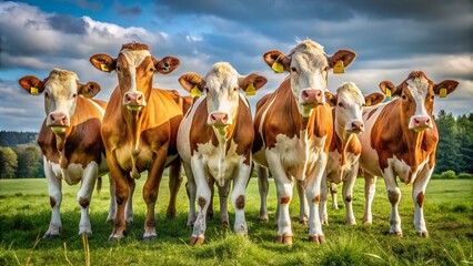 A cluster of brown and white giraffe-mimic cows peacefully graze in an emerald-green field, their coats blending