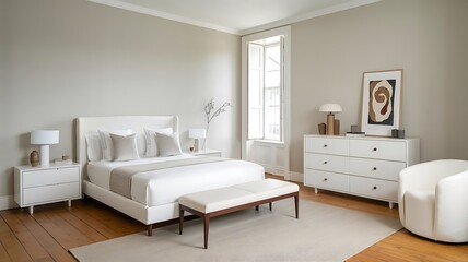 White minimal living room design. white color wall , white ceiling, white minimal sofa against white wooden bookshelf, white interior lightened .Modern living room. Minimalist interior design. Japan
