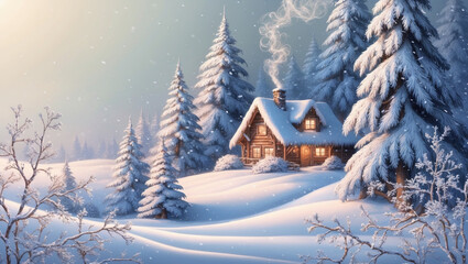 A peaceful snowy landscape with a cozy cabin