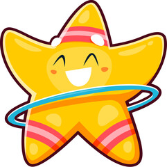 Cute kawaii fitness star character with hula hoop, cartoon vector. Funny star emoji or kawaii smile emoticon character with happy smiling face and hula hoop for kids sport design or party celebration © Vector Tradition