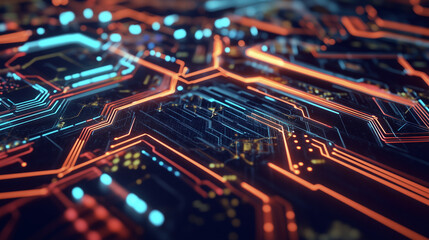 Futuristic abstract scene of data transferring on a circuit board, with intricate patterns of light and energy forming an interconnected web of digital pathways and nodes