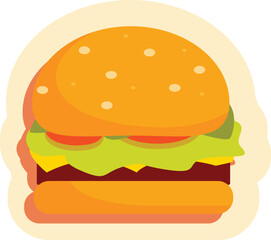 Cartoon illustration of a delicious hamburger with all the fixings, perfect for menus or advertising