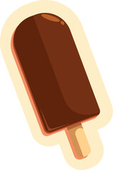 Cartoon chocolate ice cream bar with filling on a stick being held up on an angle on a white background