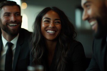 Fototapeta premium close-up photo of business team laughing during office meeting, showcasing the positive work culture at their company