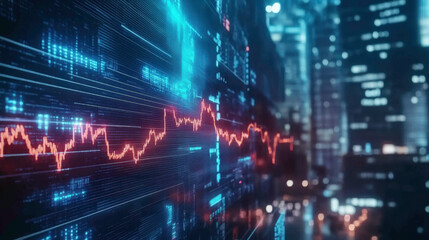 Obraz premium A futuristic stock market display with sharp fluctuations in a vibrant city backdrop, reflecting financial volatility, data analysis, and the dynamic nature of global markets.
