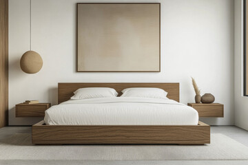 Modern bedroom with an elegant low profile bed, minimalist decor window lighting and ample copyspace. Stylish resting interiors composition.