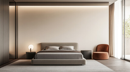 Modern bedroom with an elegant low profile bed, minimalist decor window lighting and ample copyspace. Stylish resting interiors composition.