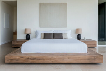 Modern bedroom with an elegant low profile bed, minimalist decor window lighting and ample copyspace. Stylish resting interiors composition.