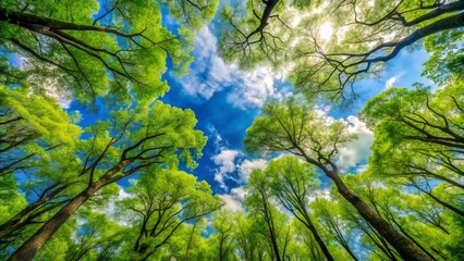 Fototapeta premium A lush canopy of vibrant green trees stretches towards a brilliant blue sky, adorned with soft white clouds