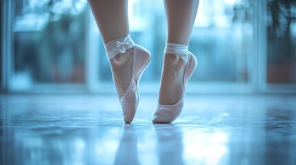 A close-up of a dancer legs in pointe shoes, poised elegantly on the floor, with a soft, blurred background.