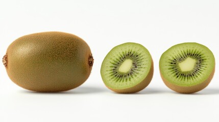 Fototapeta premium A fresh kiwi fruit, both whole and sliced in half, showcased on a clean white background for a fresh, minimal look.