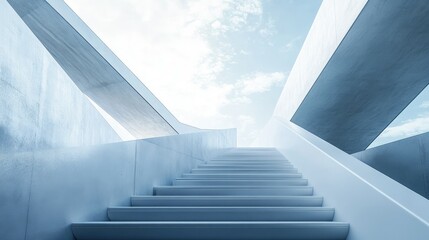 A modern, innovative staircase design with sleek lines ascending toward the sky. The abstract architectural design evokes futurism and progress