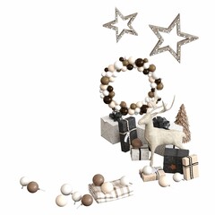 Christmas decorations, New Year's decor, isolated on white background, 3D illustration, cg render