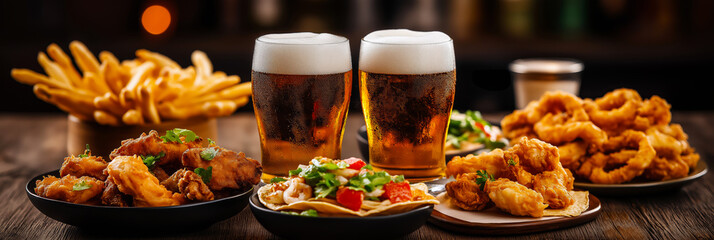 Fototapeta premium Beer mugs. Two beer mugs surrounded by appetizing pub food in a rustic restaurant